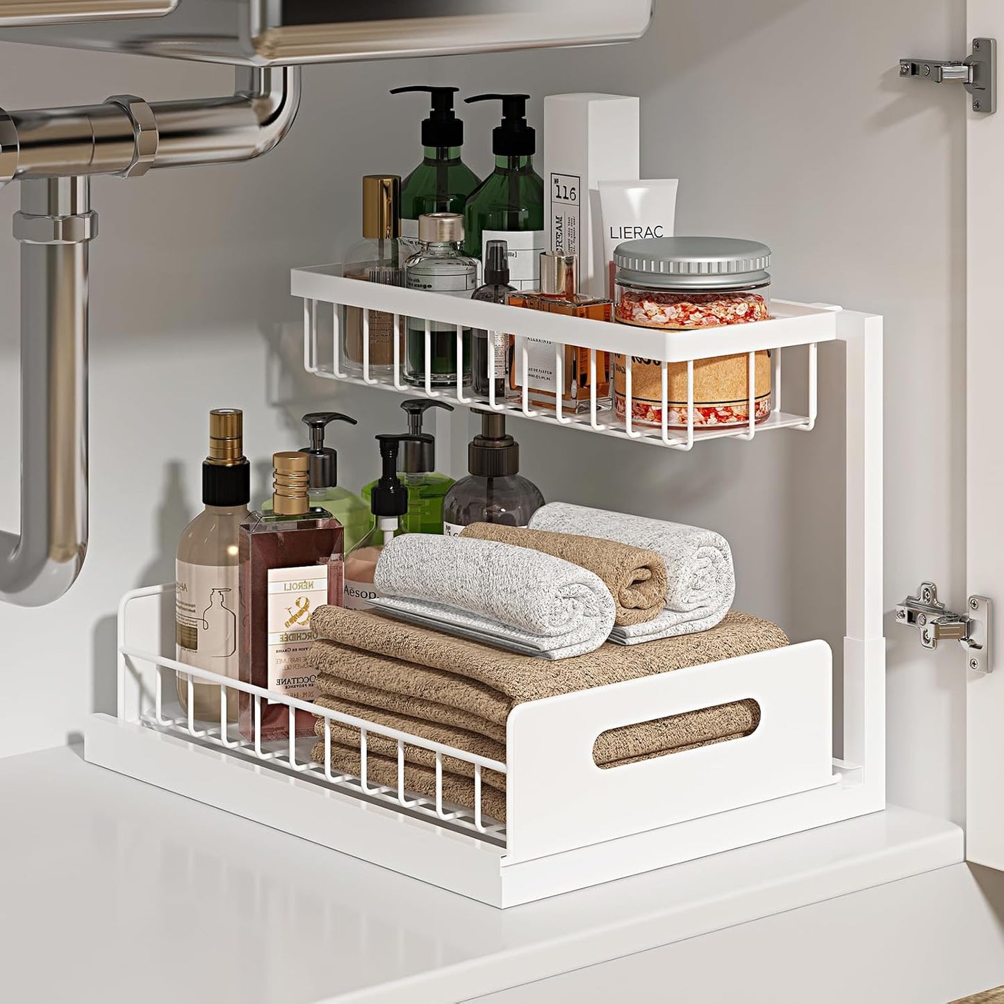 REALINN Under Sink Organizer - 2-Tier Pull-Out Cabinet Storage Shelf for Kitchen & Bathroom - White, 1 Pack