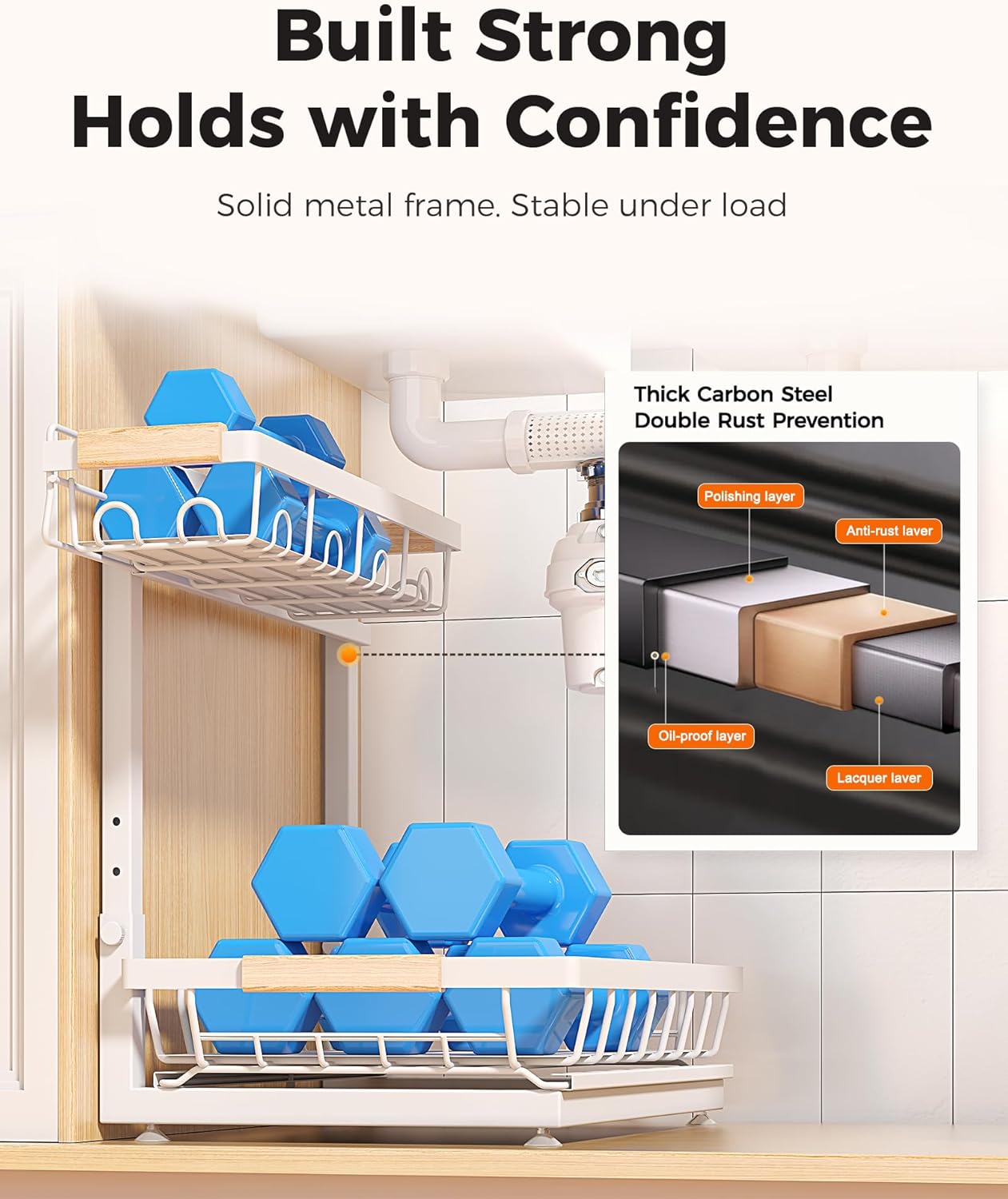 Sevenblue Under Sink Organizer - Multi-Purpose 2-Tier Pull-Out Storage Shelves | Height Adjustable (White)