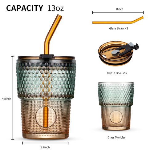 BLUEPOLAR 13 oz Tumbler Water Glass, Water Bottle with Straw and Dustproof Lid, Coffee Ice Cup Double Wall Insulated Glass Cup (Amber-Ribbed)