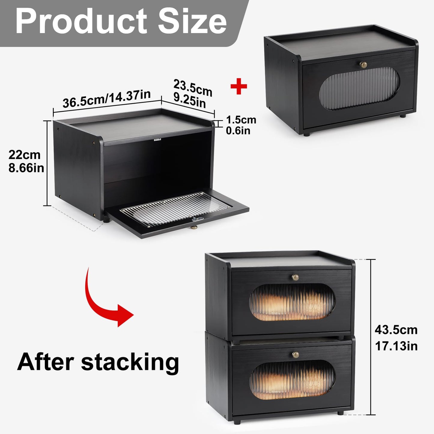 Sunhoo Bread Box for Kitchen Countertop Storage Wooden Breadbox Holder Container Morden Rustic Fresh Bread Keeper Farmhouse Stackable Organizer Bin for Homemade Food Shelf Acrylic Window (Black)