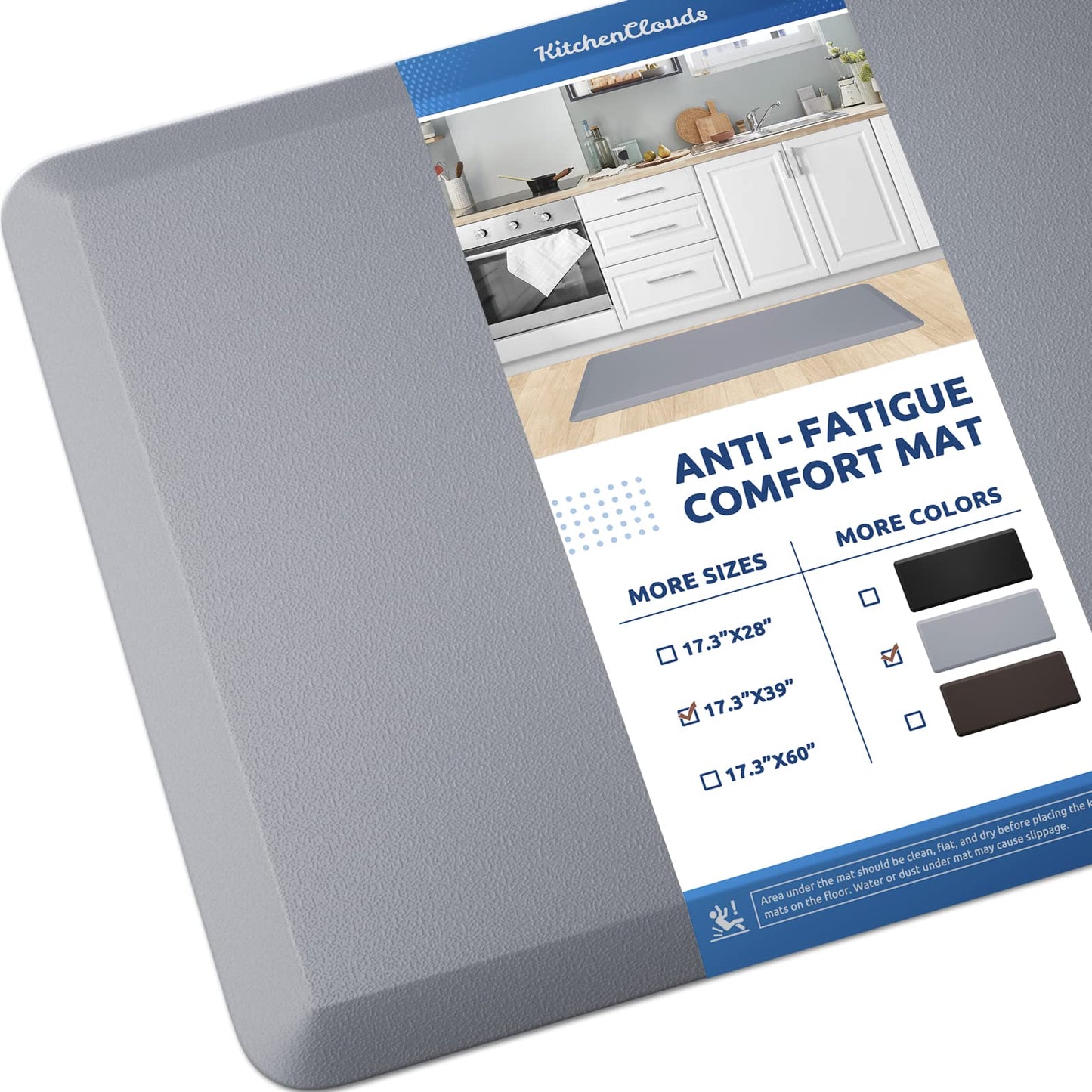 KitchenClouds Kitchen Mat Cushioned Anti Fatigue Kitchen Rug 17.3"x39" Water Resistant Non Slip Kitchen Rugs and Mats Standing Desk Mat Comfort Floor Mats for Kitchen House Sink Office (Grey)