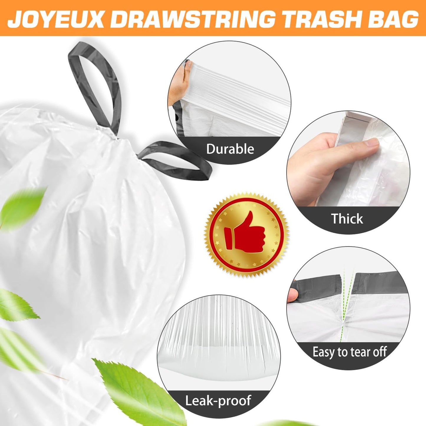 Small Trash Bags 4 Gallon | 60 Count Drawstring Unscented Garbage Bags - White Liners for Bathroom & Office