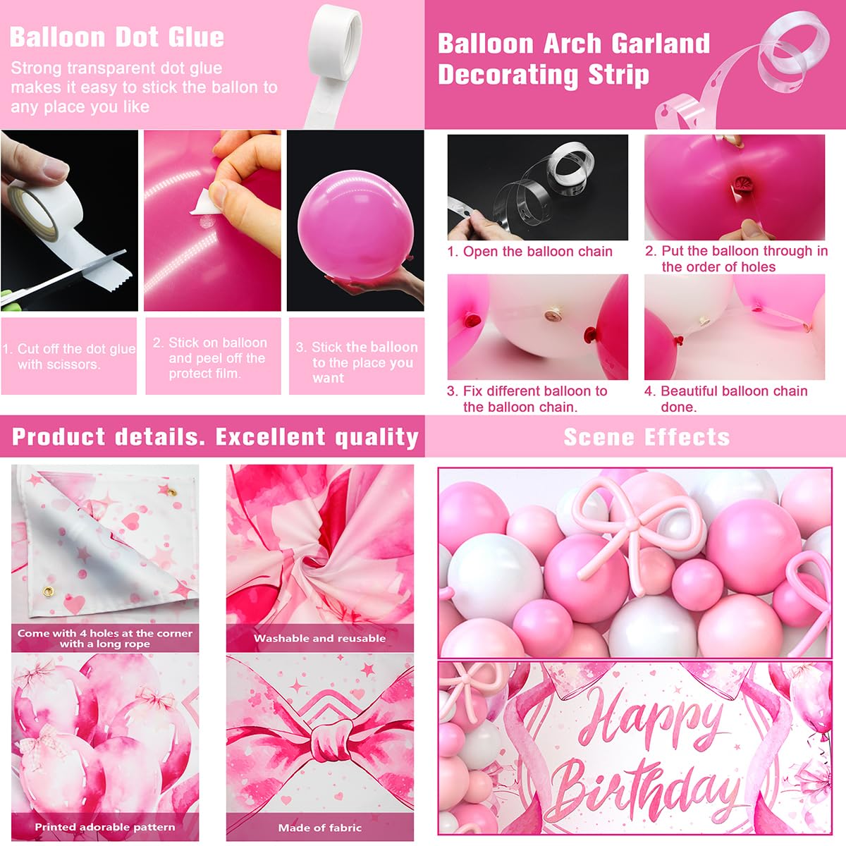 Jumpama 146Pcs Pink Bow Birthday Decorations Coquette Birthday Party Decorations Pink Bow Backdrop Coquette Banner and Balloons for Girls Women Baby Shower Bachelorette Party Supplies