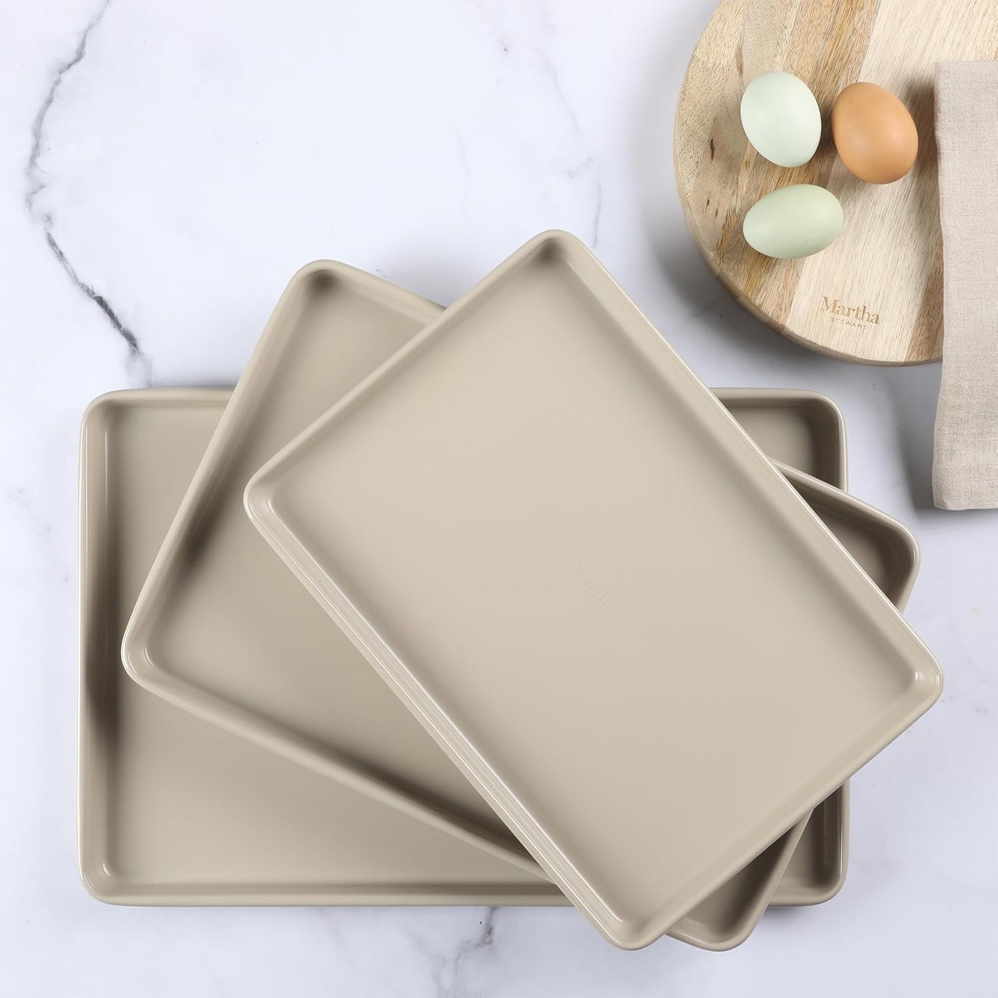 Martha Stewart Gallen 3-Piece Cookie Sheet Set | Nonstick Ceramic Baking Pans - 13", 15", 17", Taupe