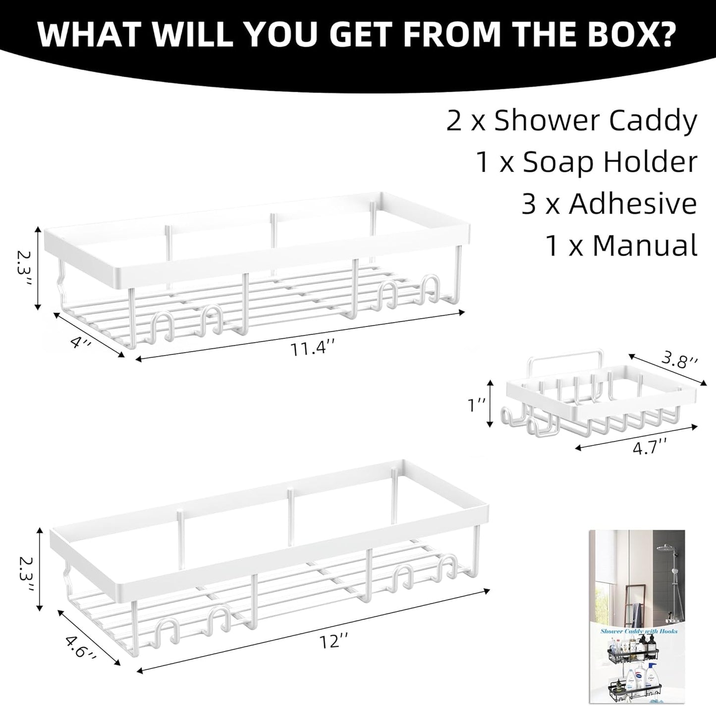 Moforoco Shower Caddy Basket - 3-Pack Rustproof Wall Shelves with Soap Holder | No Drilling, White