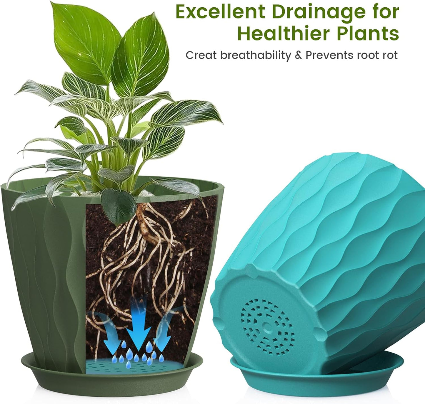 UOUZ 8-Inch Plastic Plant Pots - 4 Pack Indoor/Outdoor Planters with Drainage Holes & Saucers | Waffle Texture