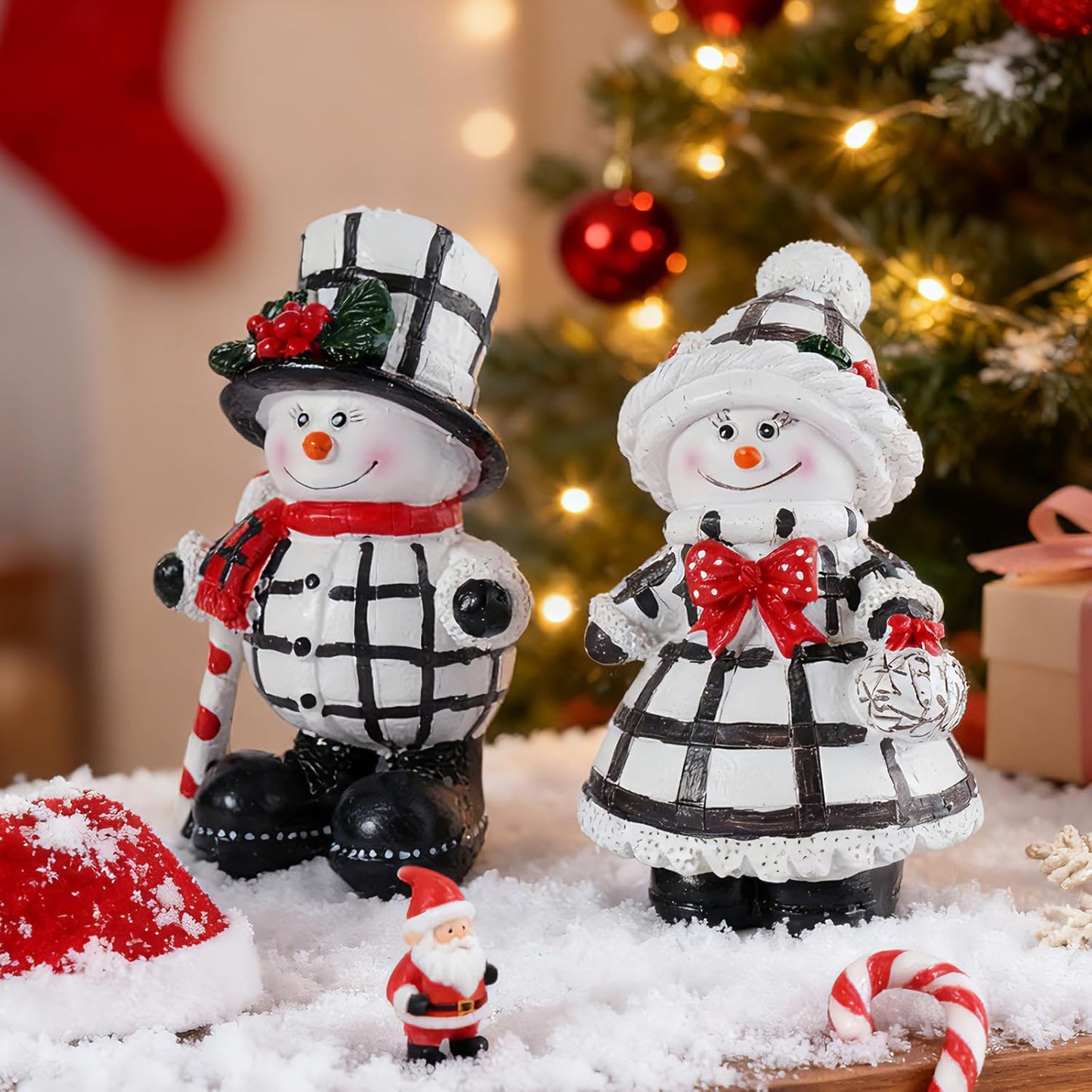 Snowman Figurines Set of 2 - Black and White Plaid Christmas Decorations for Home | Winter Decor