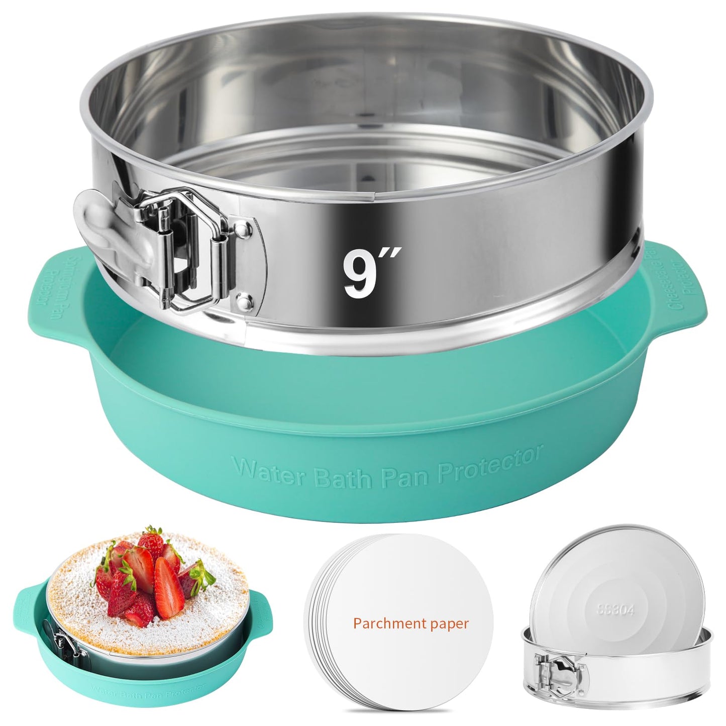 OYAOL 9 Inch Springform Pan - 304 Stainless Steel Nonstick Springform Cake Pan with Removable Bottom, 10 Inch Silicone Leakproof Cheesecake Pan Protector with Parchment Paper
