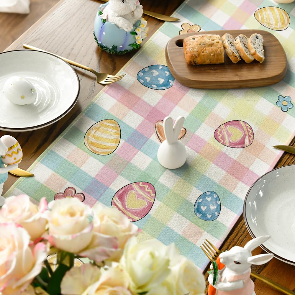 Artoid Mode Pink Yellow Buffalo Plaid Carrot Egg Truck Daisy Happy Easter Table Runner, Seasonal Kitchen Dining Table Decoration for Indoor Home Party 13x72 Inch
