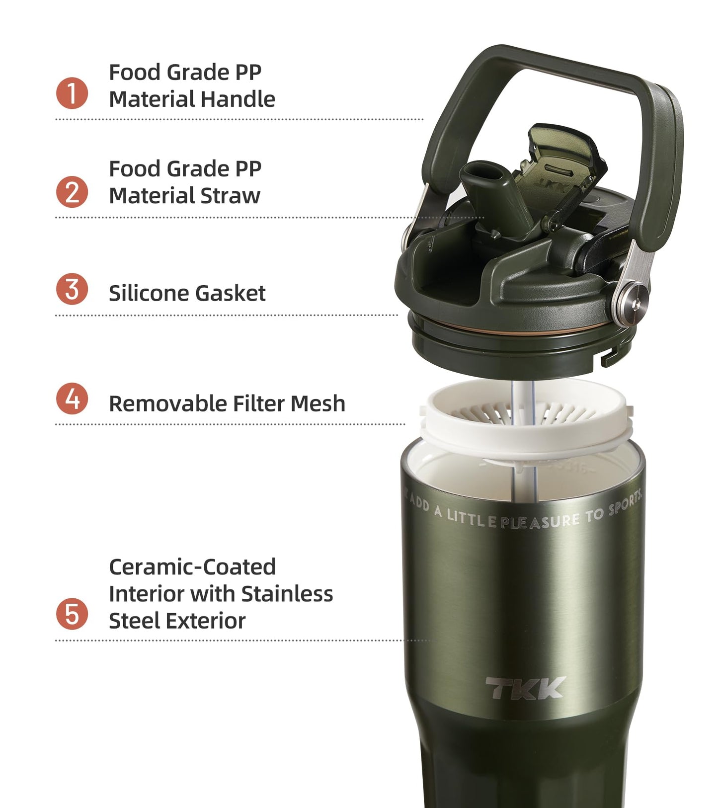 TKK 24 oz Ceramic Coated Tumbler with Straw Lid, 18/10 Stainless Steel Vacuum Tumblers, Leakproof Double Walled Car Cup with Handle & Tea Infuser& Dishwasher Safe, for Hot & Cold Drinks,Alpine Green