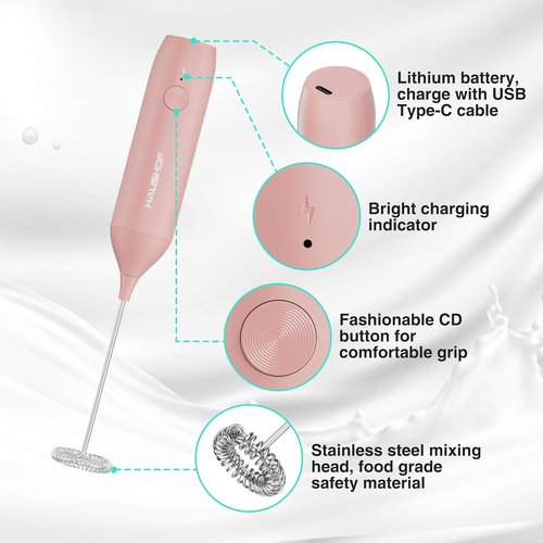 HAUSHOF Rechargeable Milk Frother Wand - Handheld Electric Foam Maker with Stand & Detachable Whisk | Pink