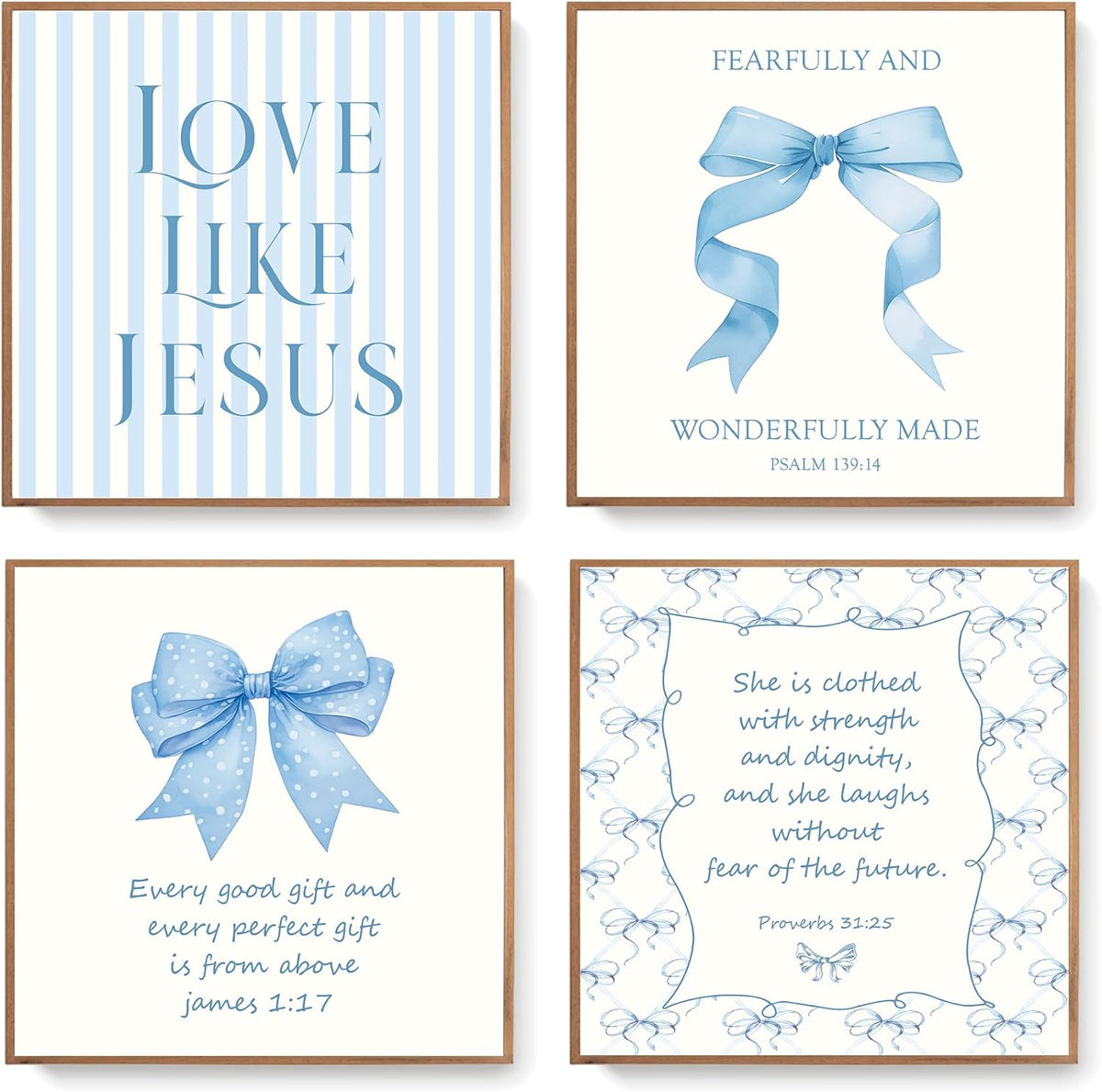 LARTSFRO Coquette Blue Bow Wall Art - Inspirational Christian Decor for Teen Girls | 8x8 Inch Set of 4 Unframed