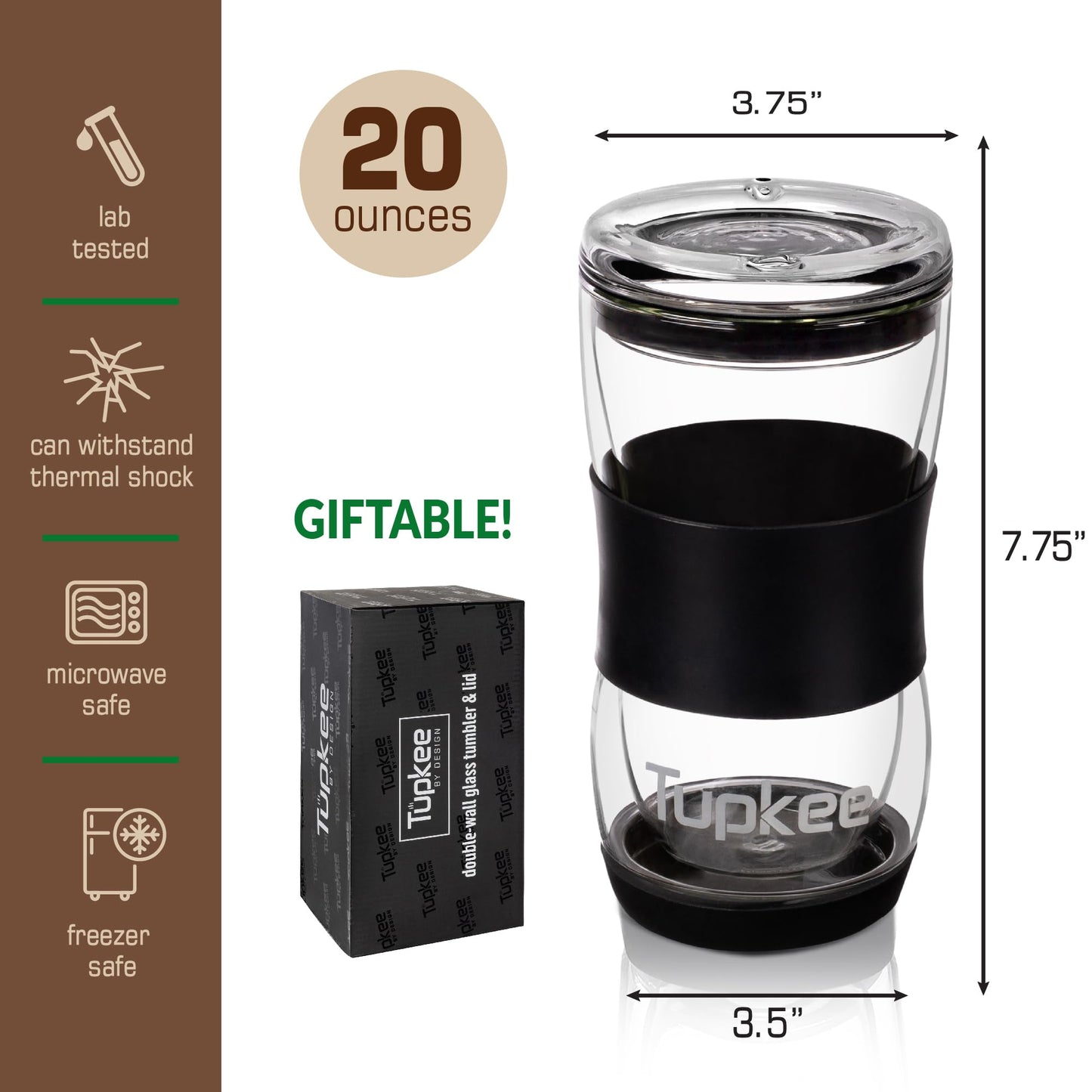 Tupkee 20 oz Double Wall Glass Tumbler With Lid – All Glass Hand Blown Reusable Insulated Travel Mug - For Coffee, Tea, Boba, Iced Coffee, and Smoothie Cup To Go – Black
