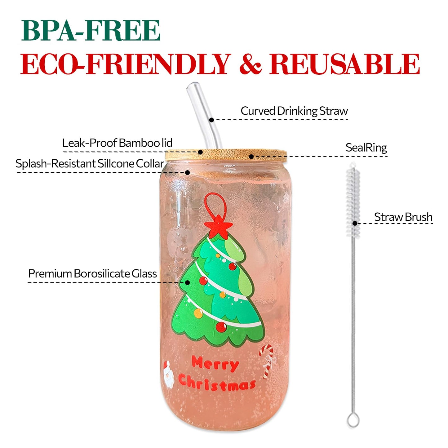 anabox Color Changing Glass Cups with Bamboo Lids and Straws, 16oz Glass Tumbler for Ice Coffee Milk Tea Juice Christmas Cups gift (Xmas 1PCS)