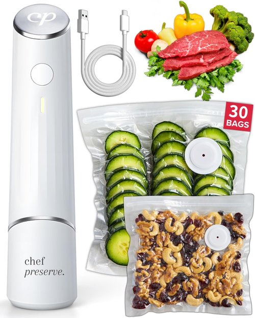 Chef Preserve Compact Vacuum Sealer - Powerful Handheld Food Saver with 30 Reusable Bags | Portable Design