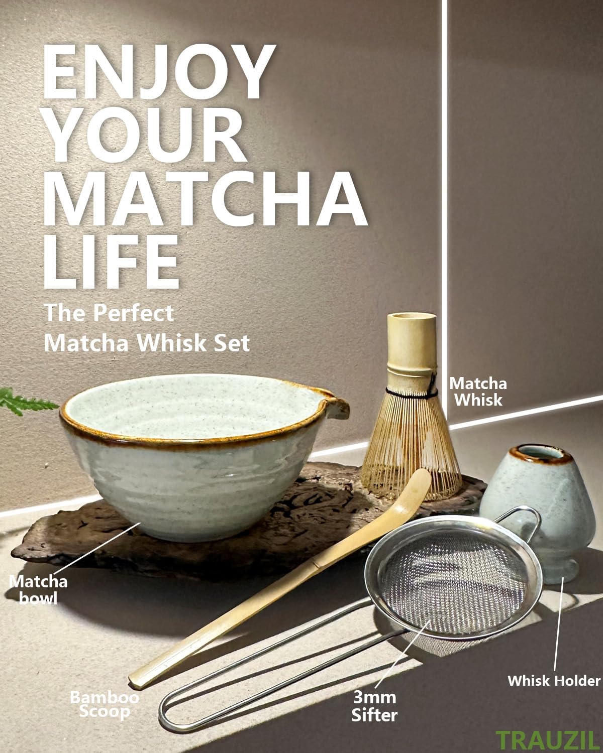 Taruzil Matcha Whisk Set - Bamboo Whisk, Bowl, Scoop & Sifter | Perfect Unique Gift for Women & Moms