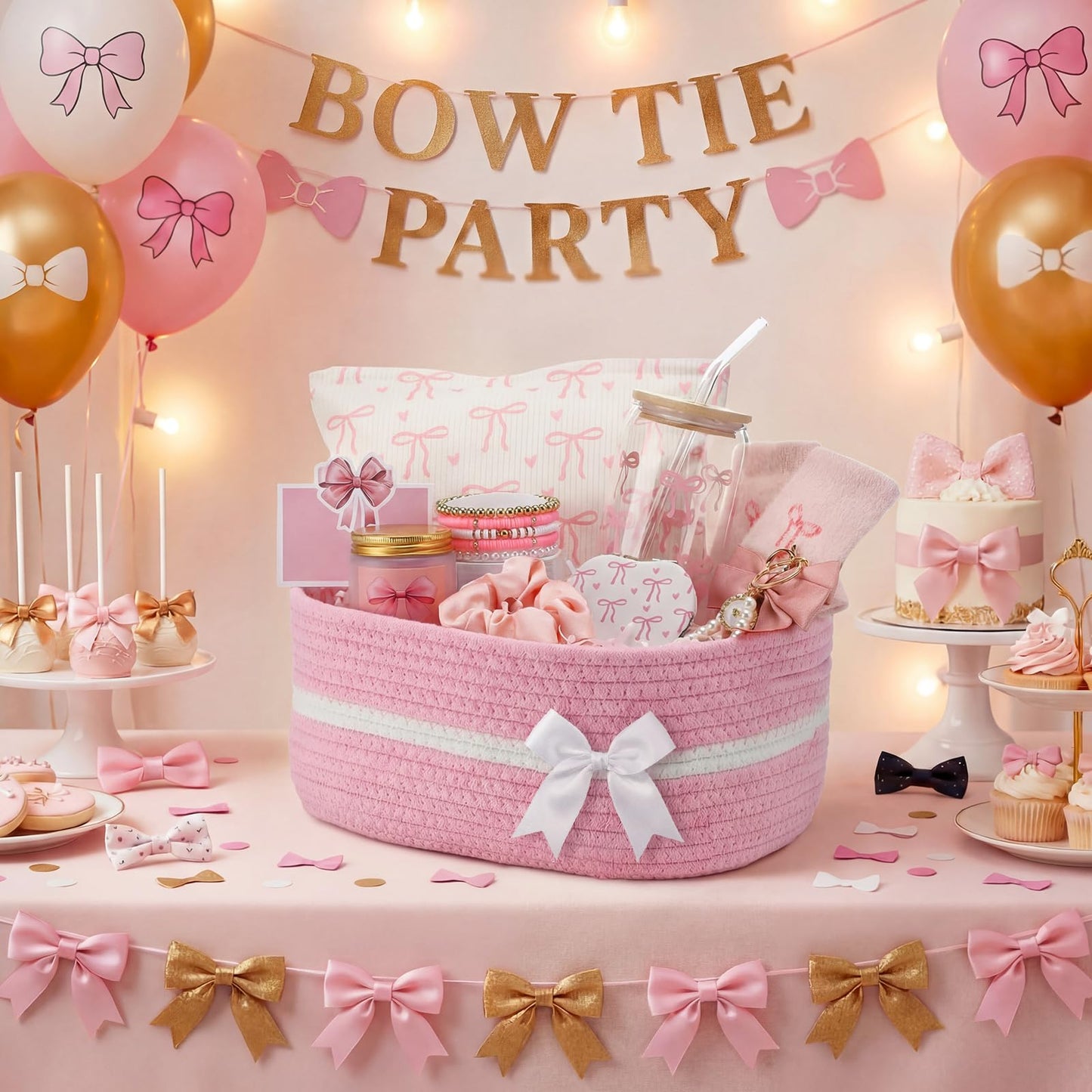 Willinglong 10 Pcs Gift Basket for Teen Girl Coquette Pink Bow Basket Stuffers for Women Coquette Bow Birthday Gift Box for Sister Daughter Friends