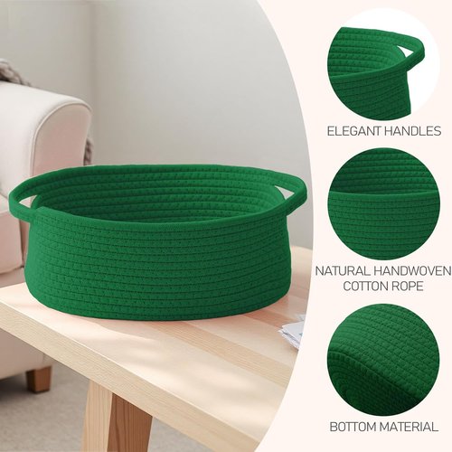 JMvicyroam Woven Basket - Small Rope Storage Bin with Handles | Organizer for Shelves & Closets - Green, 2 Pack
