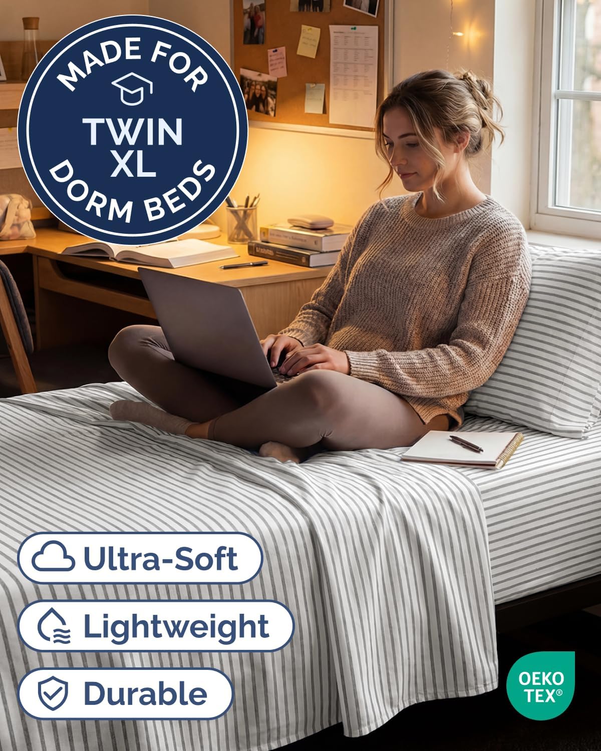 Skiennix Twin XL Sheet Set - Comfy Cooling 3-Piece Bedding - Deep Pocket, Wrinkle-Free, Grey Stripes