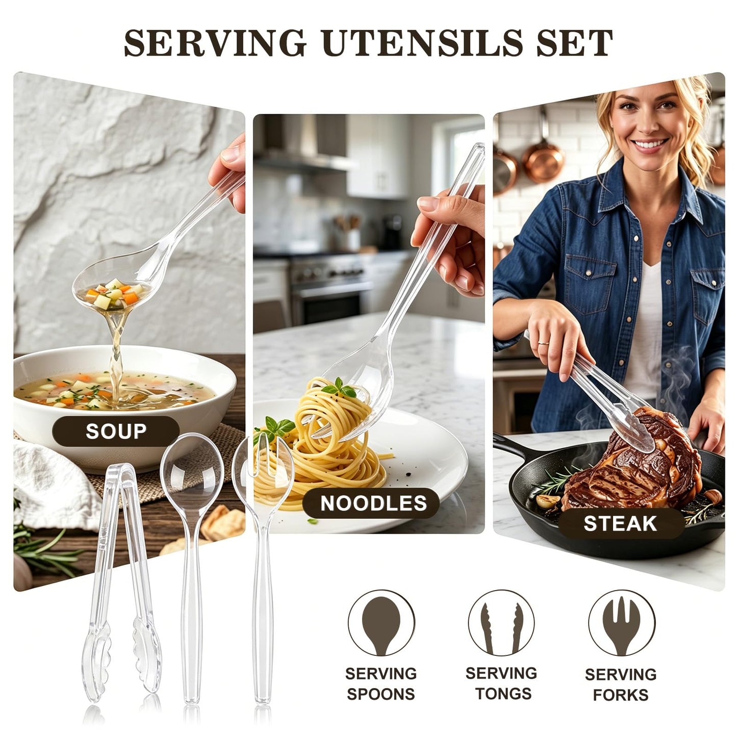 Dualshine 24 Pcs Disposable Clear Plastic Serving Utensils, 8 Set Including Plastic Serving Spoons, Tongs, and Forks for Dinner Parties, Buffets, Banquets, Events, Weddings, and Daily Use