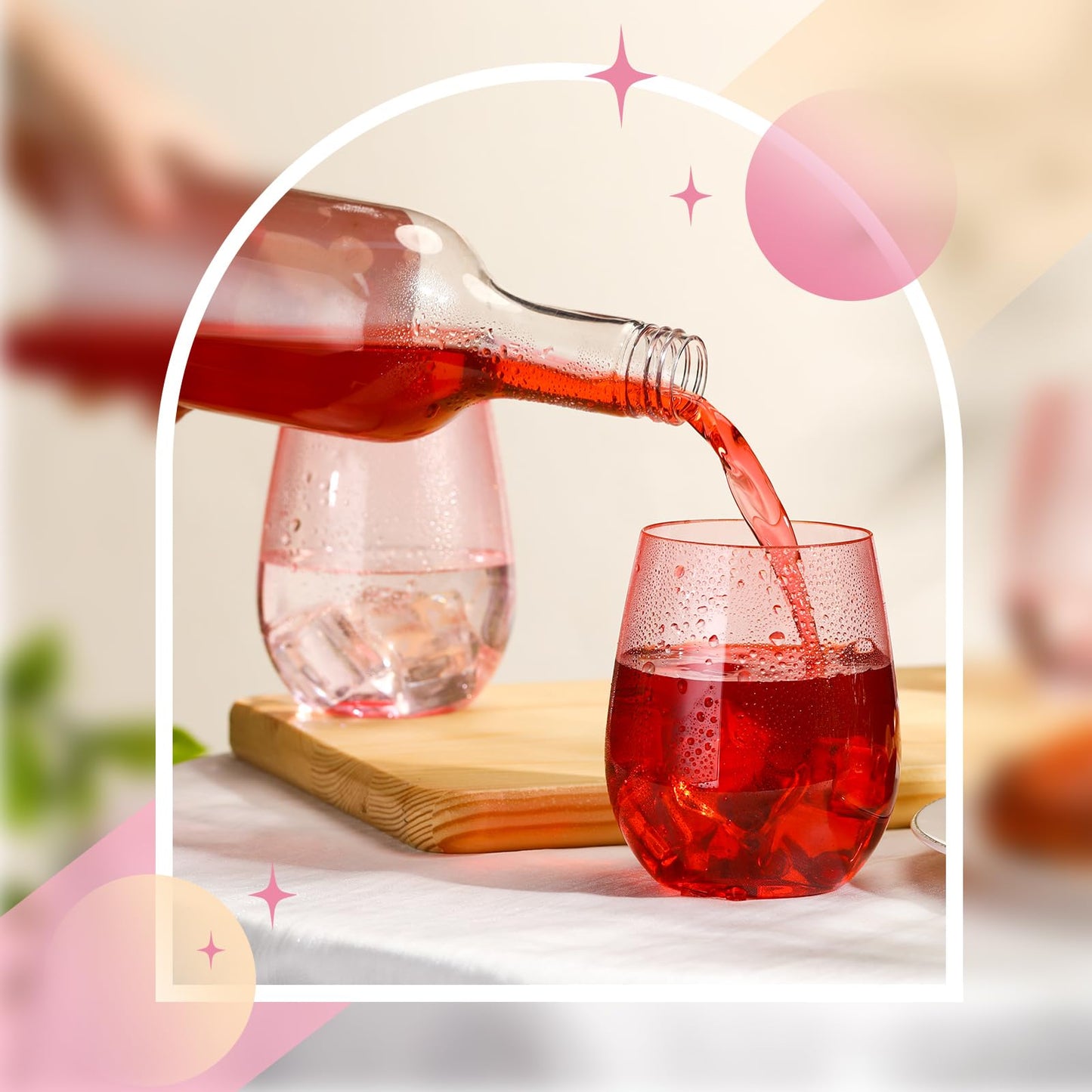 Layhit 32 Pcs Pink Stemless Wine Glasses Plastic Reusable Unbreakable Whiskey Champagne Drinking Glasses Cups for Wedding Anniversary Mother's Day Birthday Party(14 Oz)