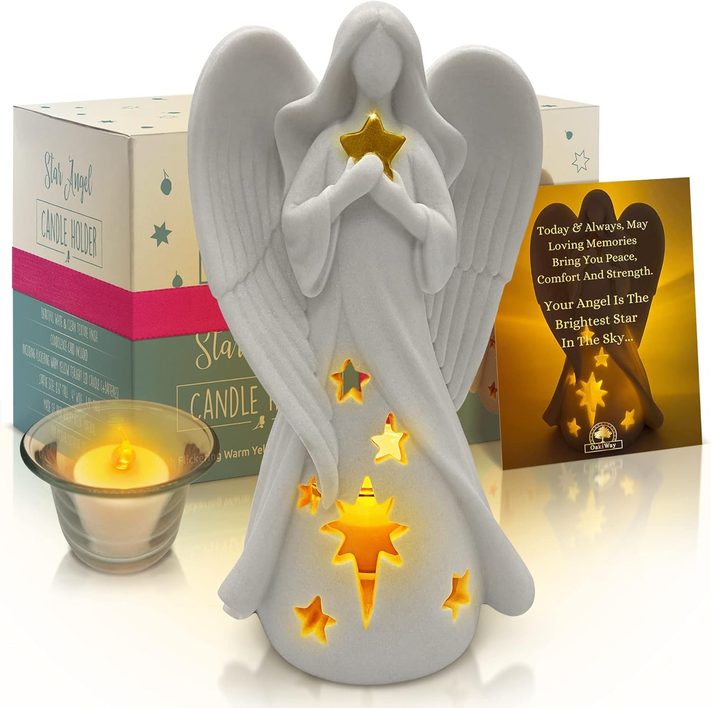 OakiWay Star Angel Tealight Candle Holder - Flickering LED for Memorial & Bereavement Decor