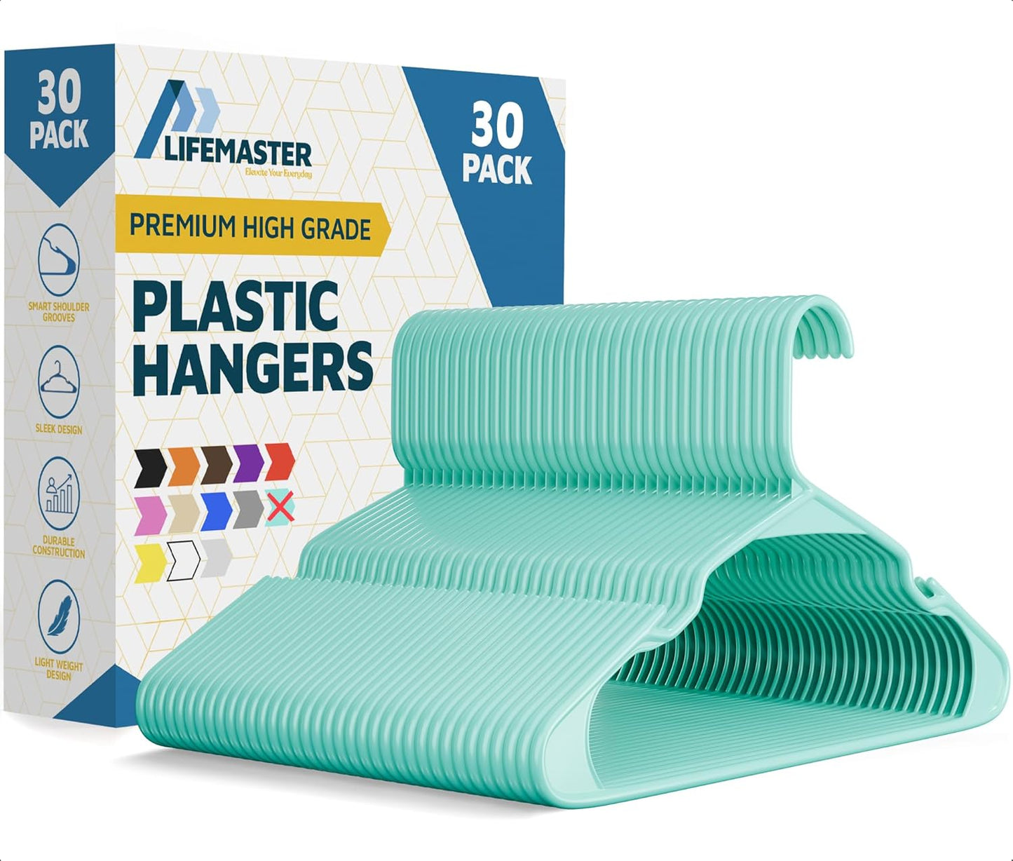 Lifemaster Heavy Duty Plastic Clothes Hangers - Space-Saving Non-Slip Design, Pack of 30, Aqua