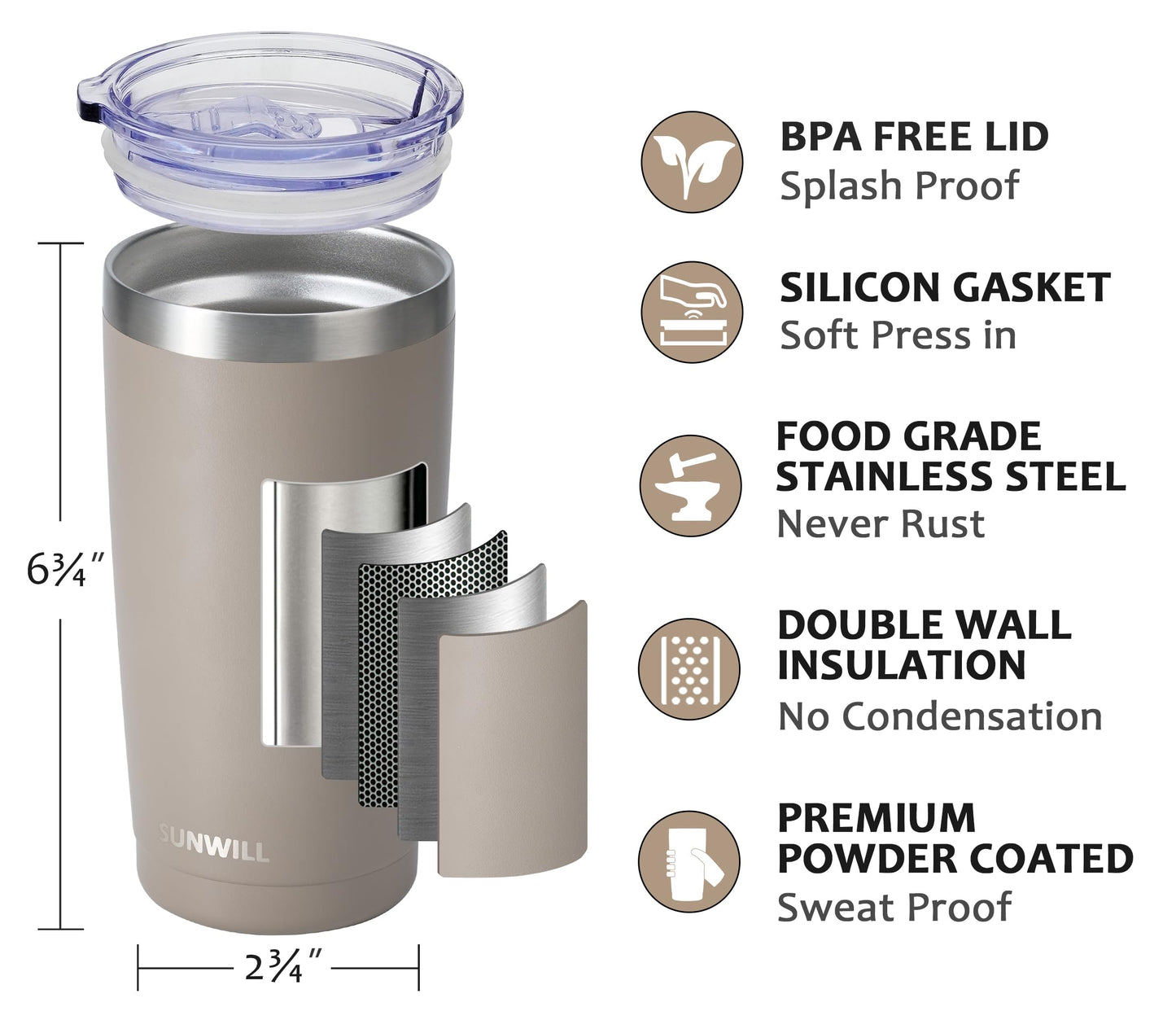 SUNWILL Travel Coffee Tumbler 20 oz, Insulated Mug with Lid, Stainless Steel Cup for Outdoor, Powder Coated Taupe