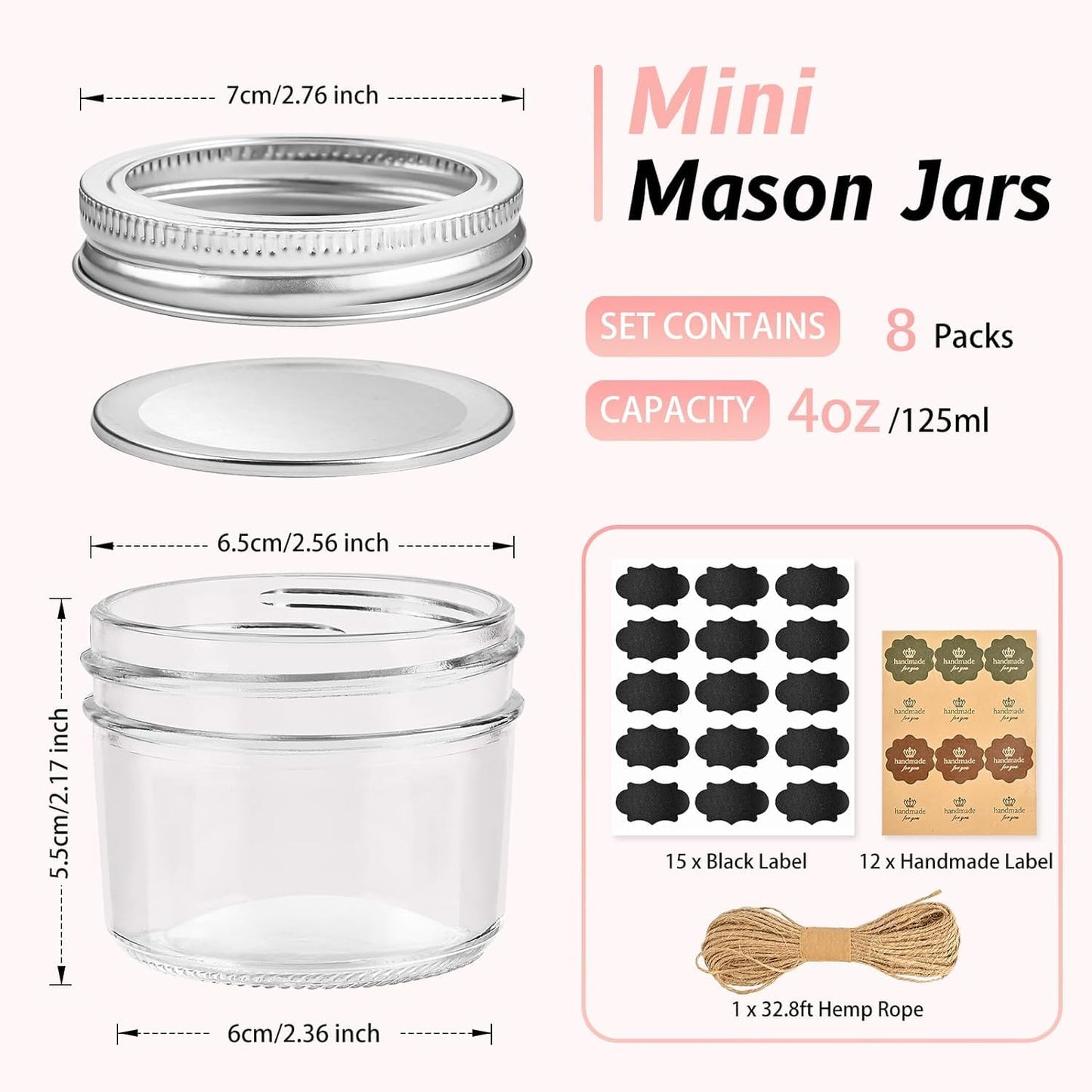 TUZAZO 4 oz Mini Mason Jars with Lids 8 Pack, 4oz Small Glass Mason Canning Jars for Jam Jelly Yogurt Dessert, Shower Wedding Favors Decor