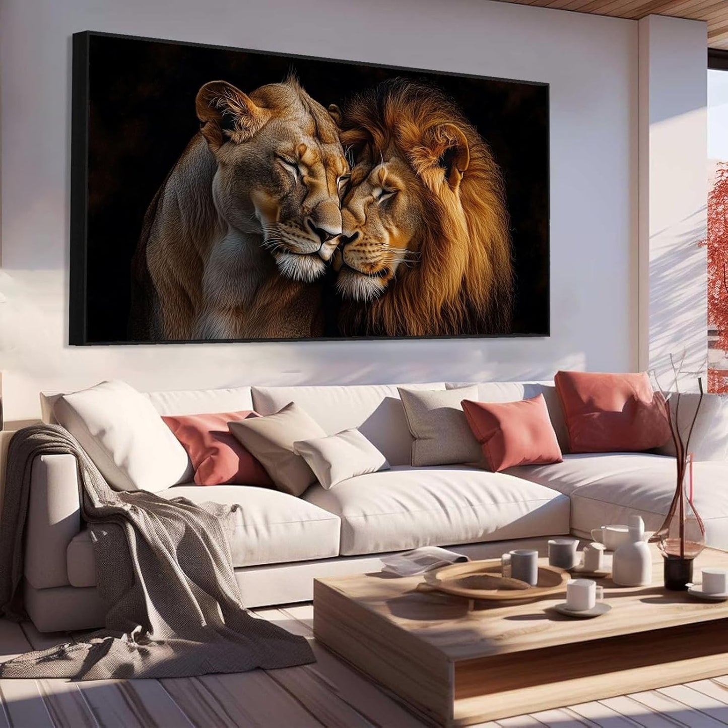 Lions Canvas Wall Art - Romantic Loving Lions Couple | African Wildlife Gold Framed (48"x27")