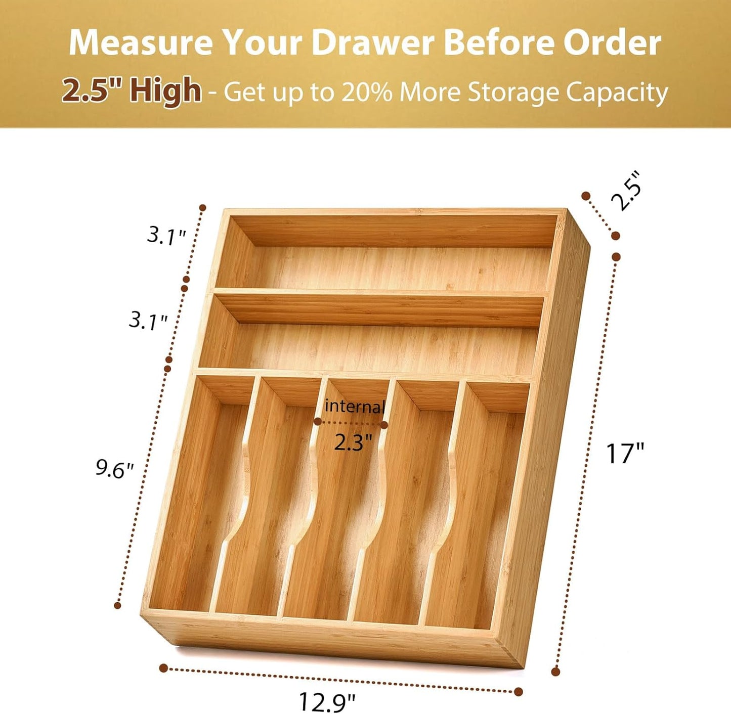 Umilife Bamboo Kitchen Drawer Organizer - Extra Deep 7-Slot Utensil Tray for Flatware | 13 Inch Bamboo Caddy