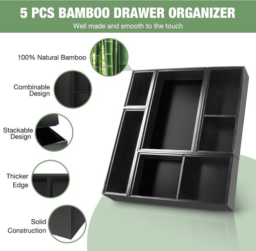 Bamboo Drawer Organizer - 5 PCS Black Silverware Tray & Desk Storage | Removable Cabinet Dividers for Kitchen & Office