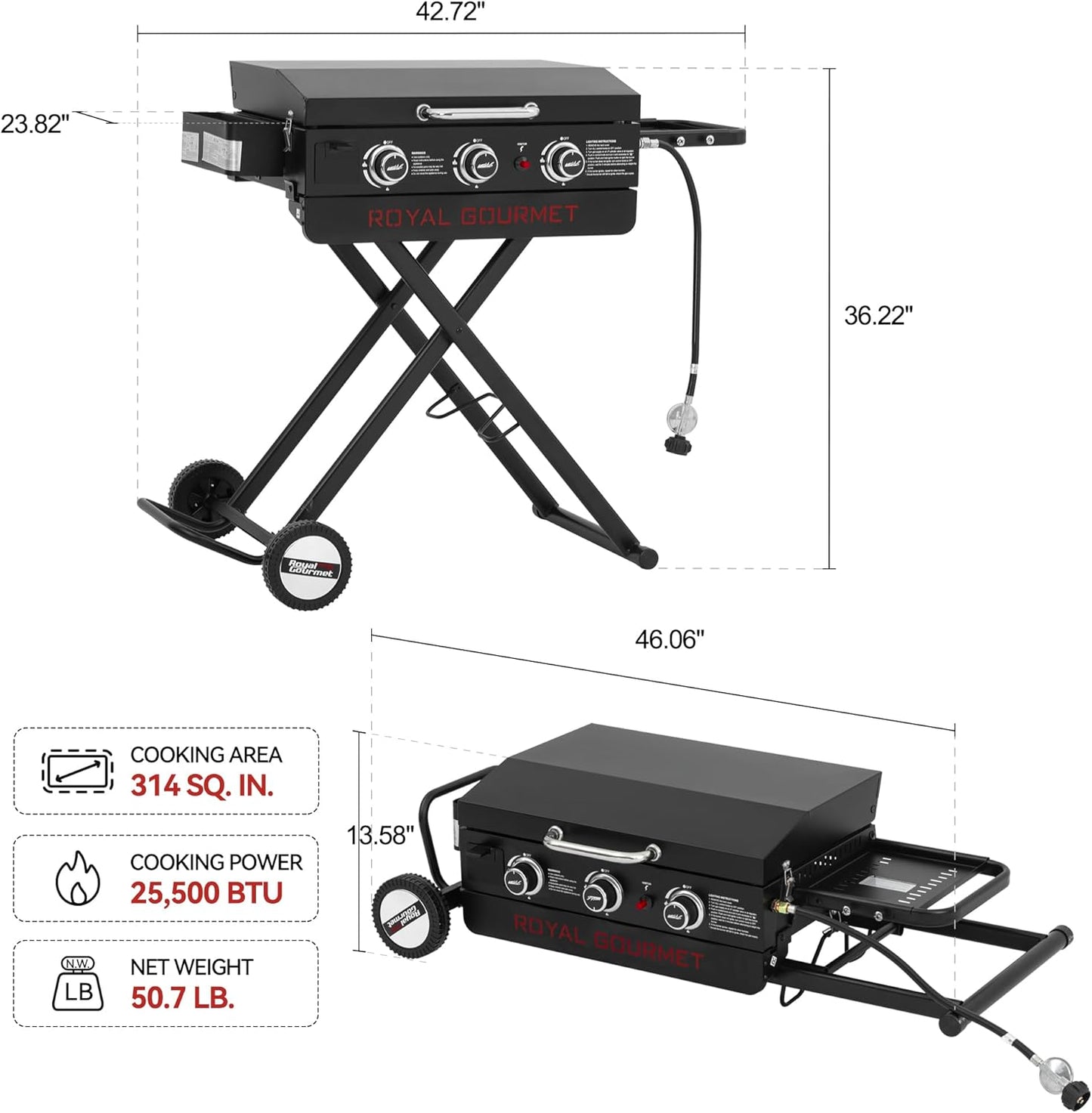 Royal Gourmet PD3001 3-Burner Propane Gas Griddle - 23-Inch Portable Grill with Collapsible Stand & Side Table for Camping, Tailgating, Backyard & Patio