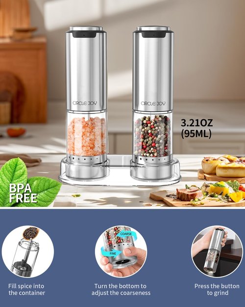 CIRCLE JOY Rechargeable Electric Salt and Pepper Grinder Set - Stainless Steel Mills with LED Light & Adjustable Coarseness, Silver