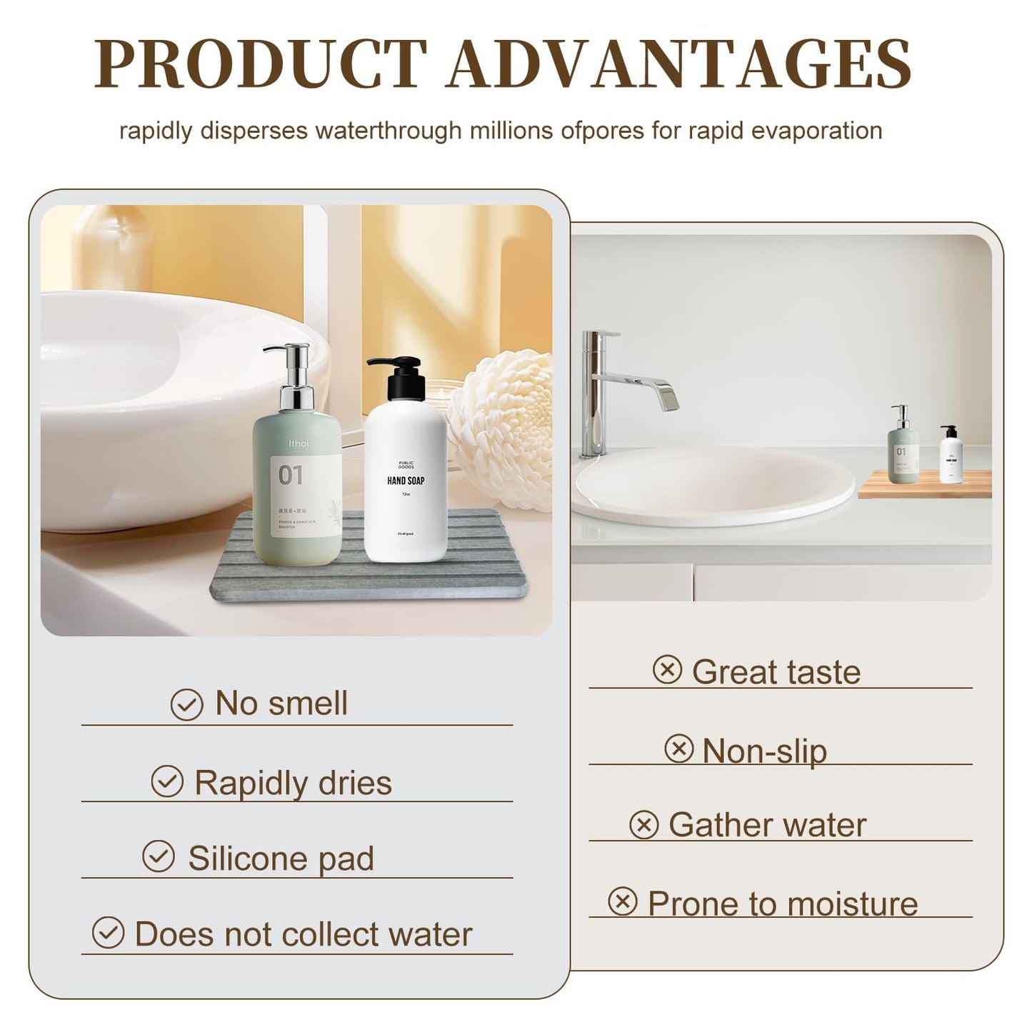 2 PCS Water Absorbent Diatomite Rectangle Coasters with Grooved Design - Thirsty Absorbing Stone Tray for Soaps Dish, Hand Soaps, Plants, Toiletries - Keep Bathroom & Kitchen Counter Tops Dry & Tidy
