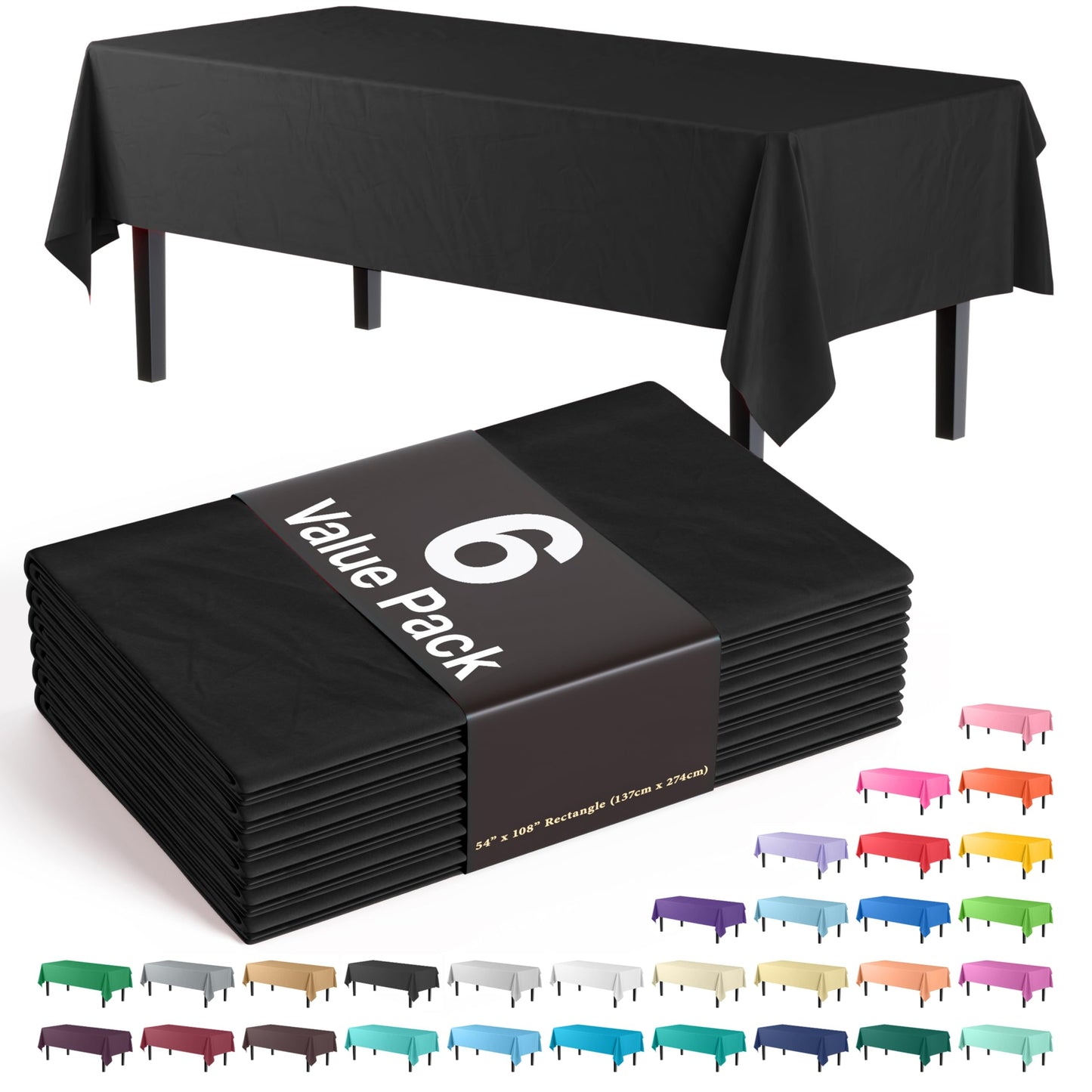 Exquisite 6-Pack Plastic Tablecloth 54x108 Rectangle Value Pack Plastic Table Cover - Black