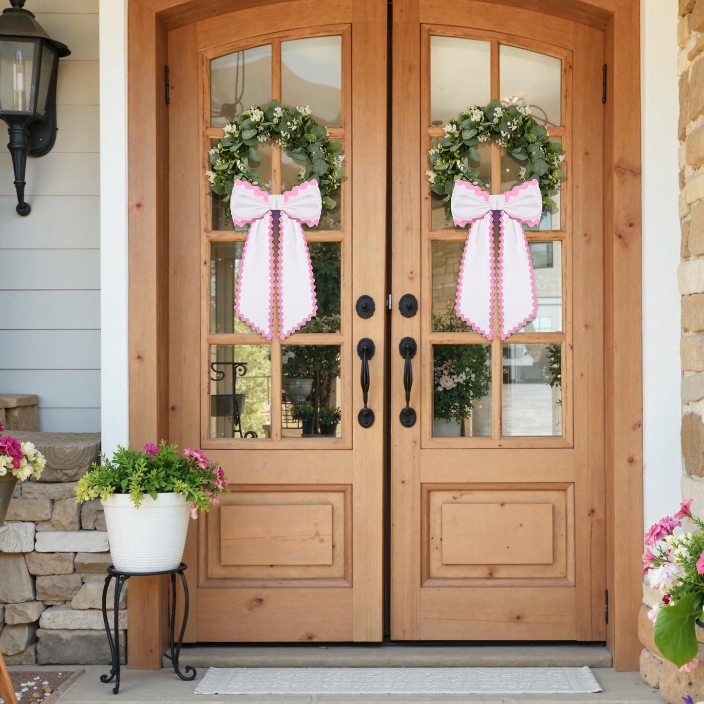 Skiennix Scalloped Wreath Sash - Elegant Ruffle Ribbon Bow for Front Door Decor | 2 Pcs Set in White & Pink