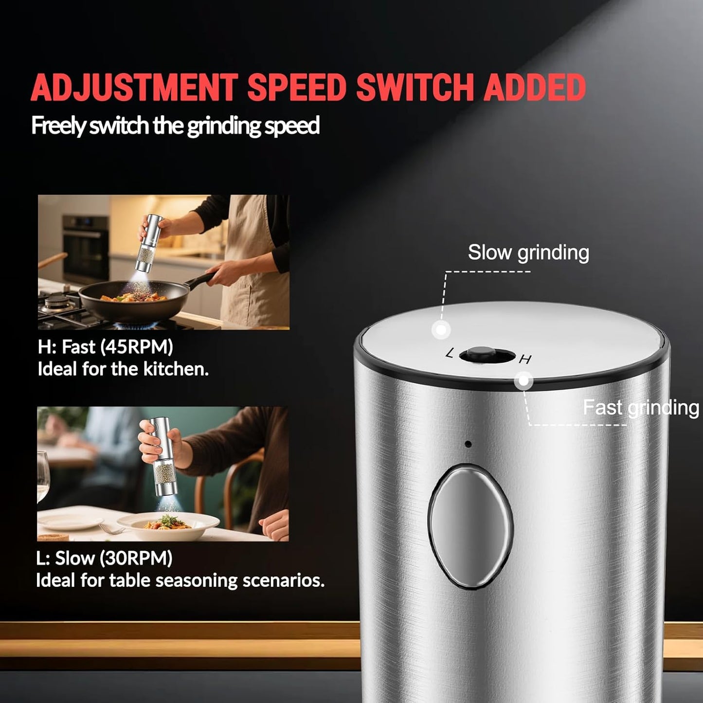 Skiennix Electric Salt and Pepper Grinder Set - USB Charging Base, 95ml Capacity, Adjustable Coarseness