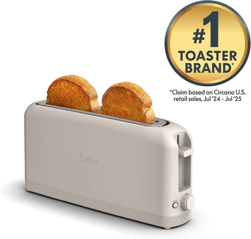Bella 2 Slice Slim Toaster - 6 Shade Settings with Reheat & Cancel | Fits 10” Long Sourdough, Auto Shutoff