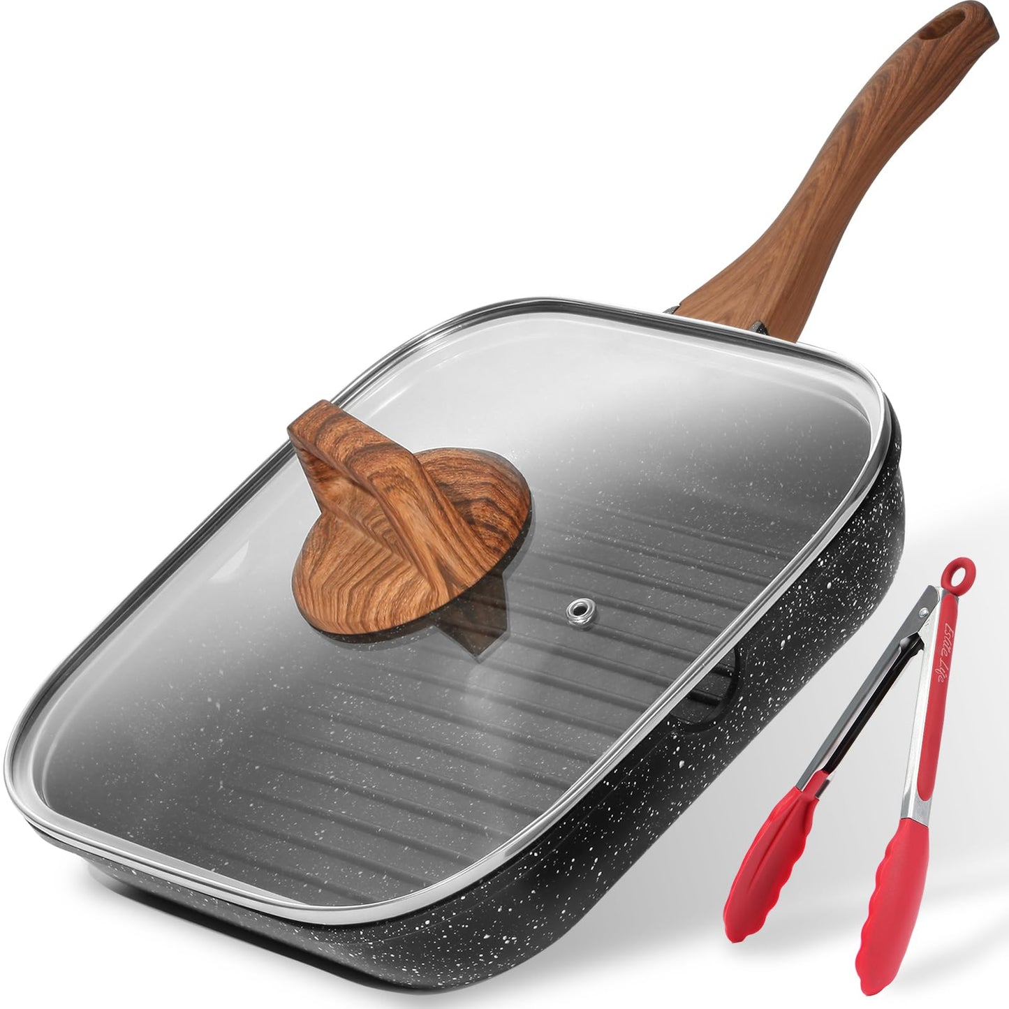 ESLITE LIFE 9.5 Inch Nonstick Grill Pan with Lid for Indoor Cooking, Versatile Induction Square Large Grilling Skillet Steak Pan for Stove Tops, PTFE & PFOA Free, Black