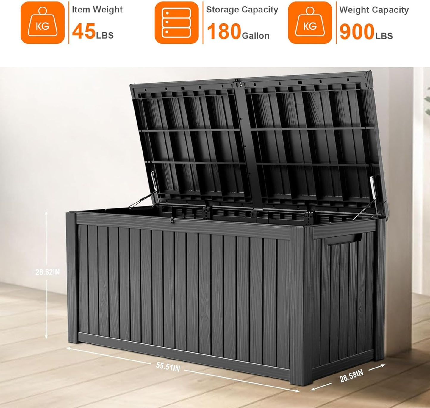 Skiennix 180 Gallon Waterproof Outdoor Storage Box - Lockable Resin Container for Patio Furniture & Tools | Black