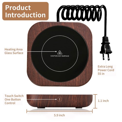 Coffee Mug Warmer with Auto Shut Off, 3 Temperature Settings, Brown Wood Grain Design, Electric Beverage Heater with Borosilicate Glass Panel, 54-Inch Cord, Fits Mugs, Teapots, and Cups