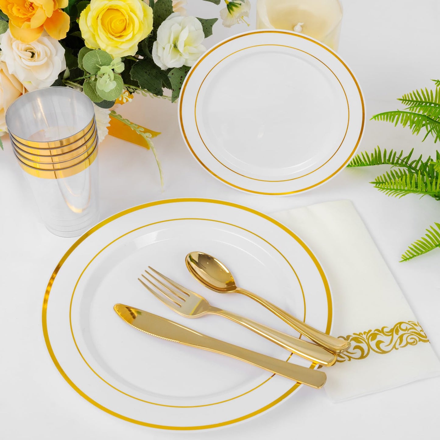 Supernal 400pcs Gold Glitter Plastic Dinnerware, Disposable Plates for Party Include 50 Gold Plastic Plate, 50pcs Dessert Plate 100 Glitter Forks, 50 Disposable Knives and Spoons, 50Cups and Napkins