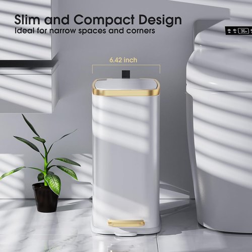 CEROELDA Stainless Steel Small Bathroom Trash Can - Soft Close Lid, 5L/1.3 Gal, Slim Design | White