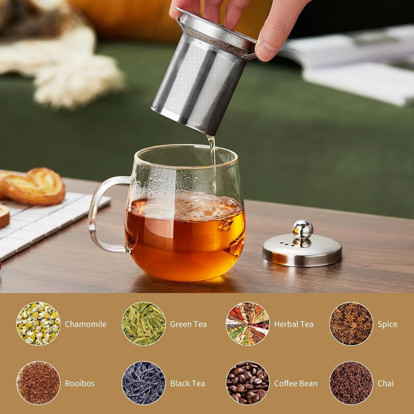DOPUDO Glass Tea Cup with Infuser and Lid, 34oz/1000ml Large Borosilicate Teacup, Clear Mug for Loose Leaf Blooming Tea, Dishwasher Safe - Tea Maker Gift for Birthday