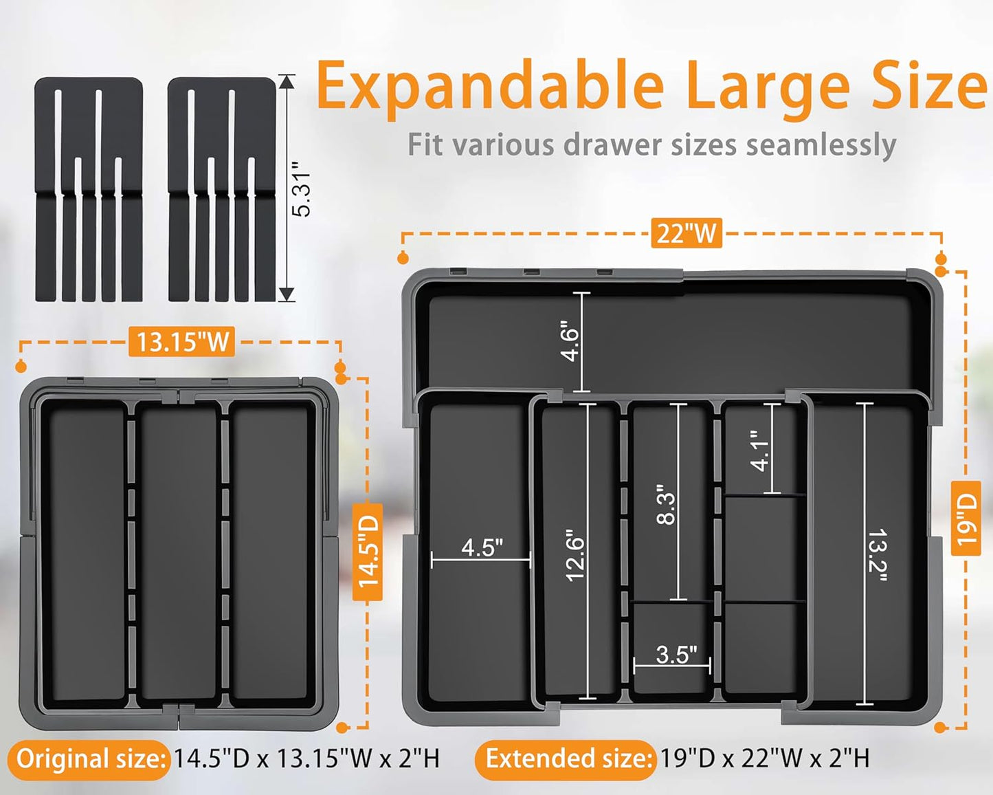 Skiennix Large Utensil Drawer Organizer - Expandable Silverware Holder with Removable Knife Block | Black