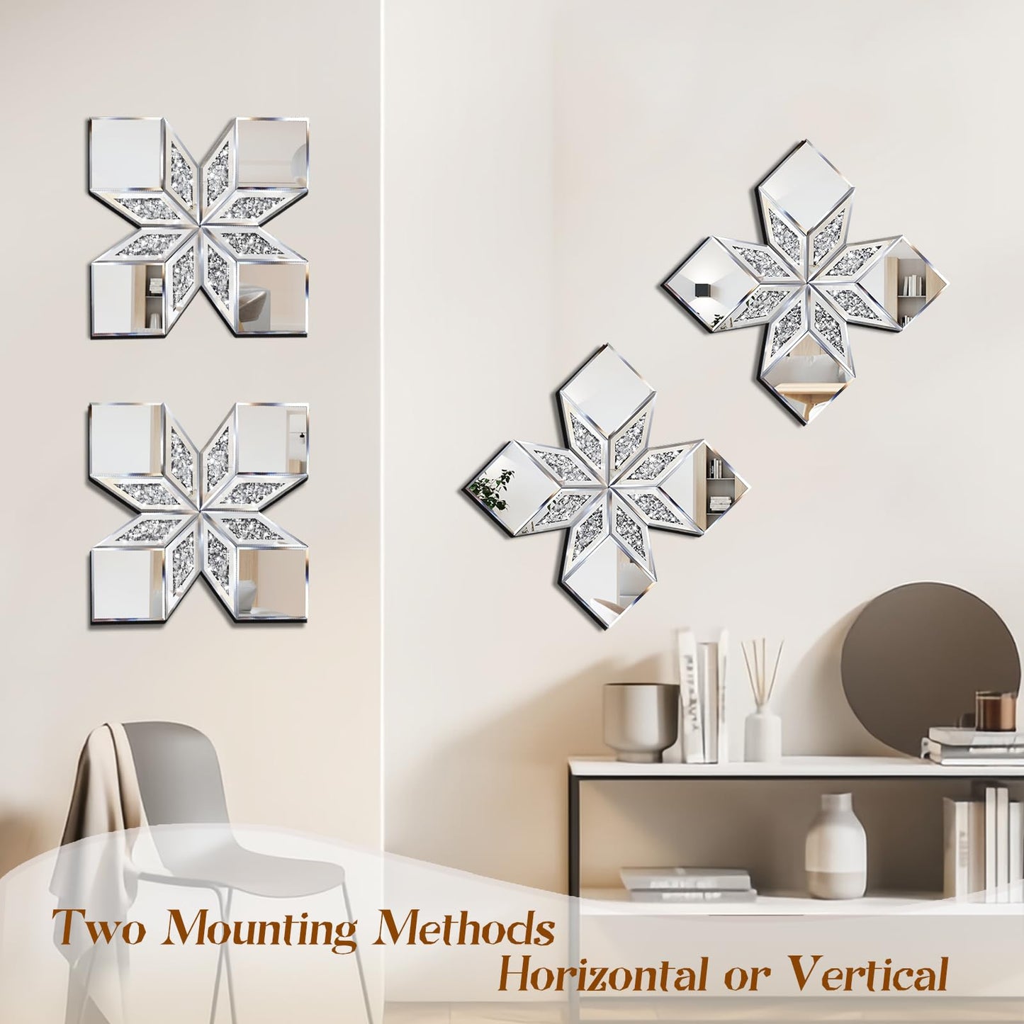 GA Home Crushed Diamond Mirror Wall Decor 2 Pack, 22.25x22.25” Diamond Shape Silver Wall Mirror for Living Room Dining Room Bedroom
