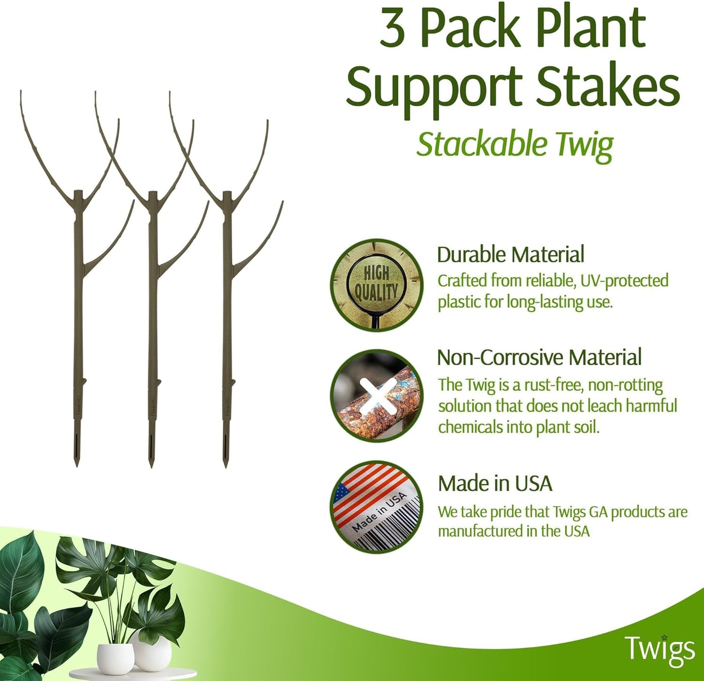 Twigs GA - Stackable Plant Support Stakes | Durable Trellis Alternative for Indoor & Outdoor Plants - Moonstone, 3 Pack, 17" L