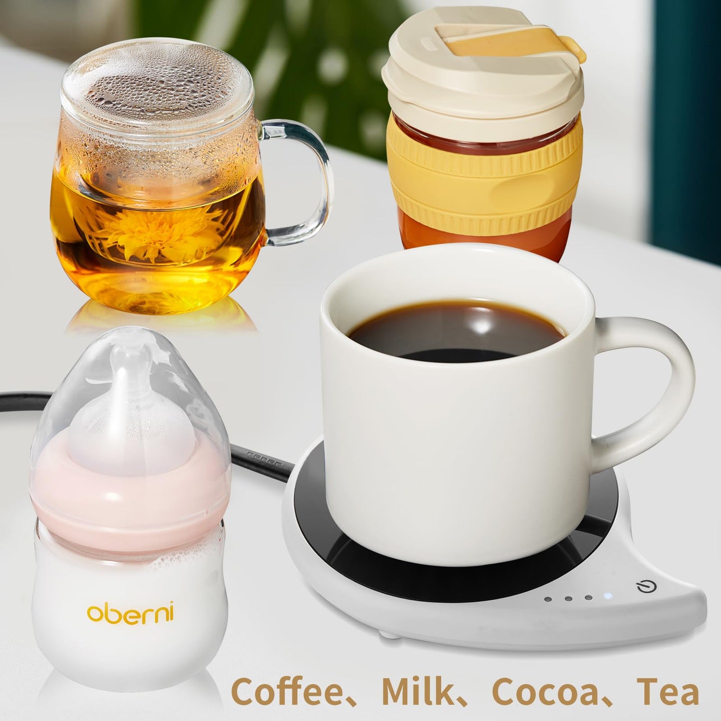 Coffee Warmer for Desk, Touch Control Mug Warmer, 4 Temperature Settings Up to 144℉, 4.3-inch Plate for Glass Cups, Mugs, Teapots, 59-inch Cord, Ideal for Office and Gifts