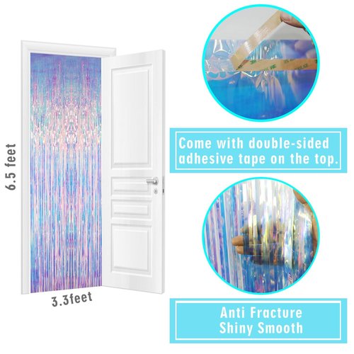 GOER 3.2 ft x 6.5 ft Metallic Tinsel Foil Fringe Curtains Party Photo Backdrop Party Streamers for Mermaid Birthday Party Decorations(2 Packs,Iridescent)